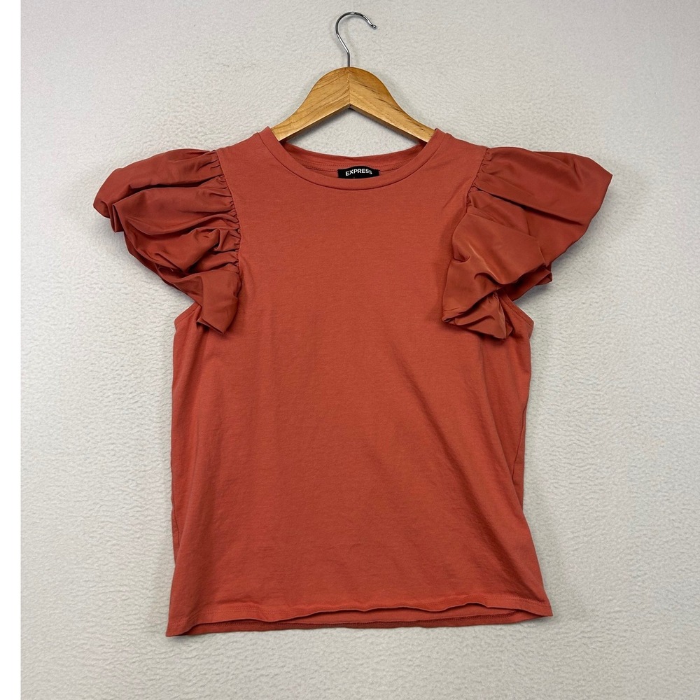 Boho Cottagecore Express Women XS Rust Ruffle Puff Sleeve Knit Top Victorian